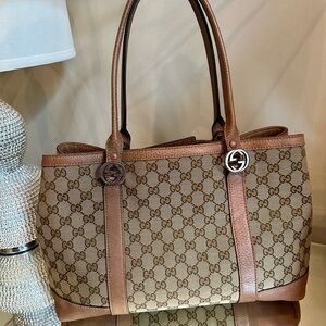 SOLD! No Longer Available! GUCCI Brown Beige Monogram Canvas and Leather Tote.